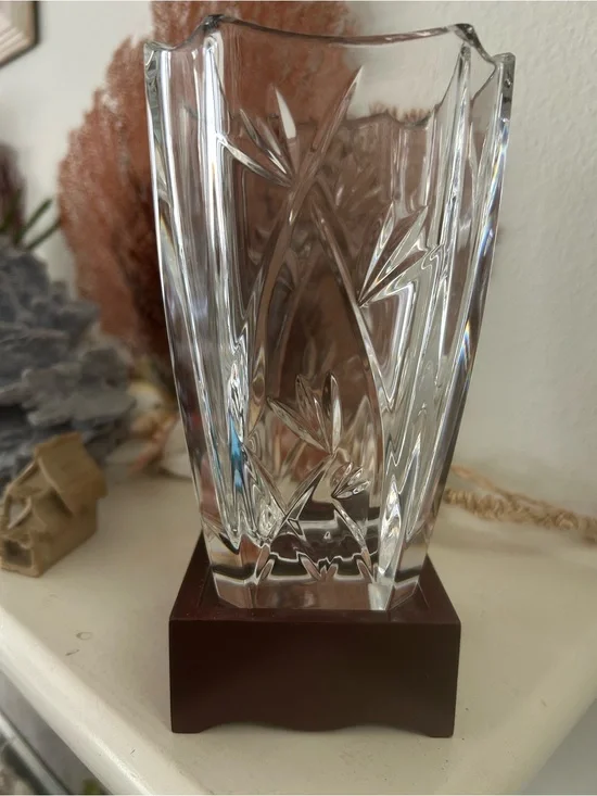 Waterford Crystal Bamboo Etched 6” Vase With Wood Base