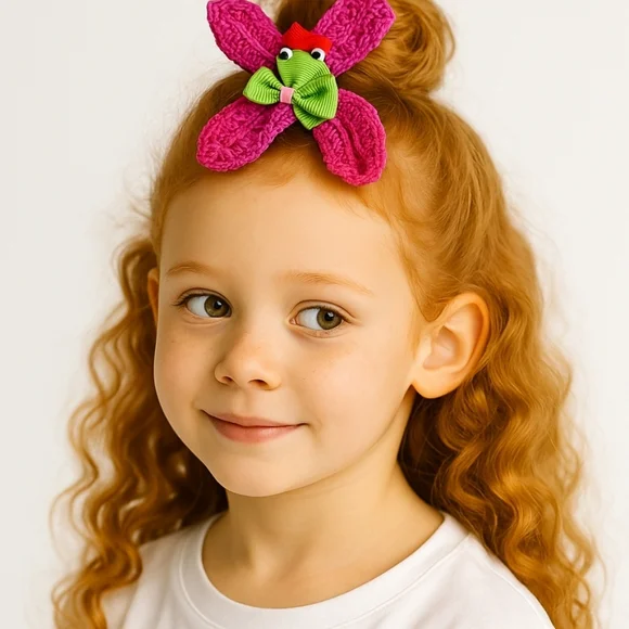 Hand Crafted Pink Knit Crochet Hair Accessories Set of 2 scrunchie and bow clip