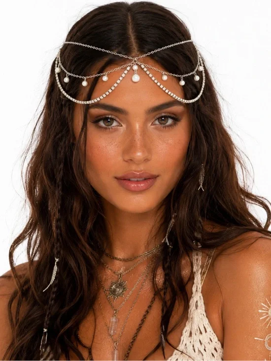 Silver Pearl Draped Head Chain - Women's Boho Hair Jewelry