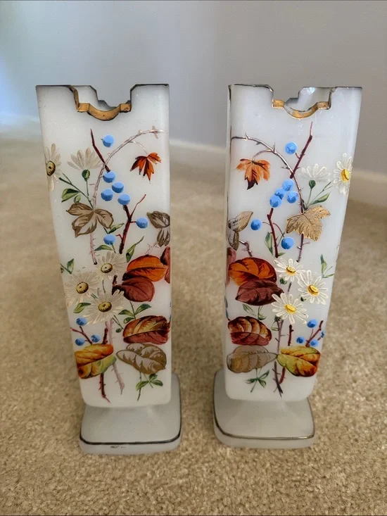 Hand-Painted Vintage Milk Glass Vases with Autumn Leaf Accents - Set of 2