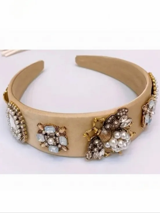 🌺Bee Pearl Crystal Headband Rhinestone Hair Piece Wide Headband