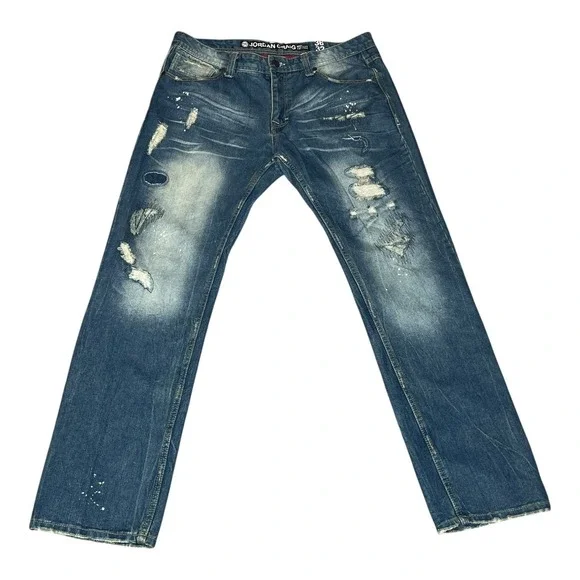 Jordan Craig Mens Distressed Blue Jeans Paint Splatter Ripped Straight‎ 36x32