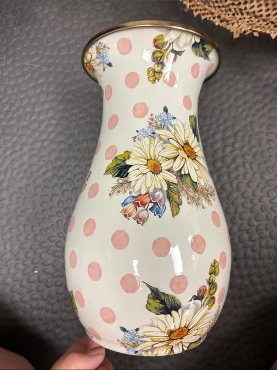MacKenzie-Childs Pink Polka Dot Floral Ceramic Vase - tall