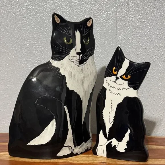 Ceramic Black White Tuxedo Cat Flower Vase by Cats By Nina Lyman Artist Decor