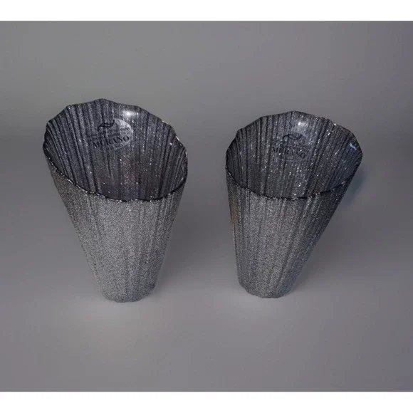 New 2 Jammaro Gunmetal Silver Glitter Glass Hand Made in Italy Asymmetrical Vase