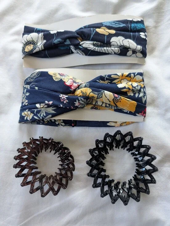 2 Floral Turbans 2 Pony Tail Holders (Set of 4). Never Used.