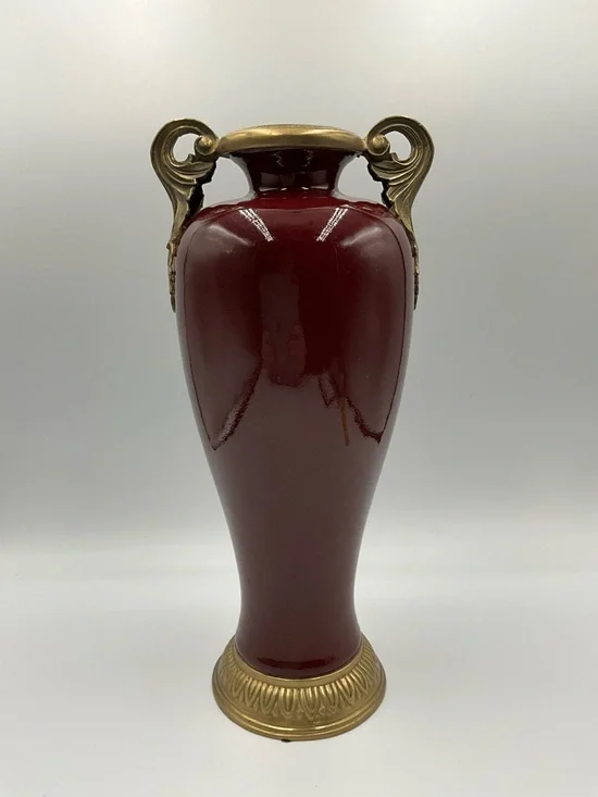 Vintage Porcelain Vase Oxblood Red Glaze Gilt Bronze Mounts Scroll Handles