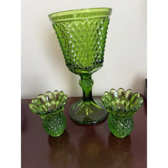 Lot Of 3 VTG Diamond‎ Point Green Pedestal Compote Vase w/ 2 Candleholders
