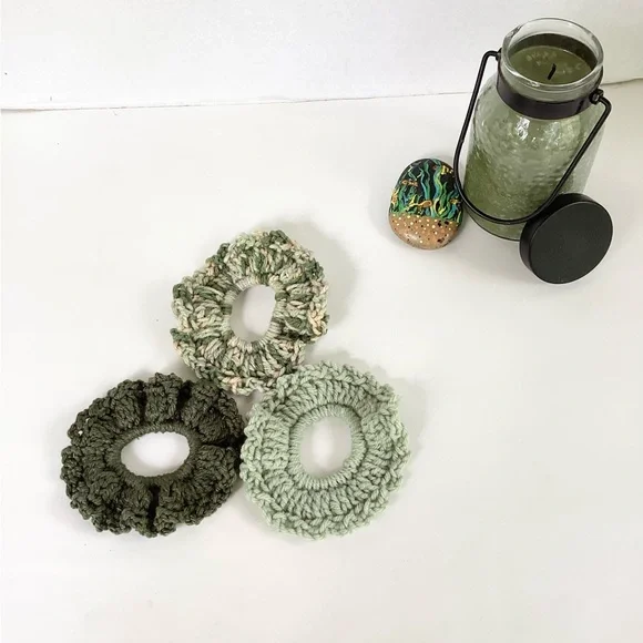 Hair Scrunchies Hand Crafted Forest Green Sage Green Crochet Boho Messy Bun
