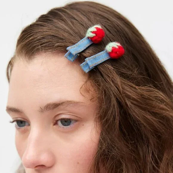 NWT Urban Outfitters Denim Strawberry Hair Clip Set of Two