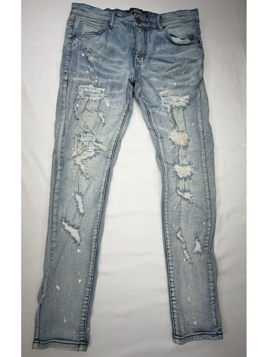 Denim City Men's Jeans Skinny Ripped Mid Rise Light Wash 5 Pocket Size 34 Blue