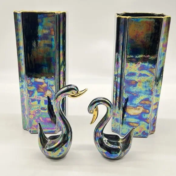 Lee Roy Cain Vintage Ceramic Pottery 2 Vases/Swans Iridescent Metallic Glaze