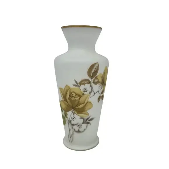Vintage Japanese Frosted Glass Gold Rose Vase MCM Floral Decor