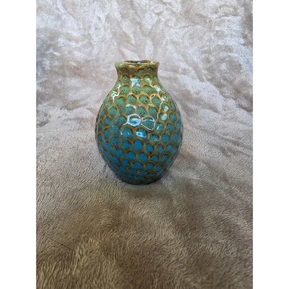 Mini Peacock Ceramic Bud Vase Honeycomb Reactive Glaze Pottery 4.5