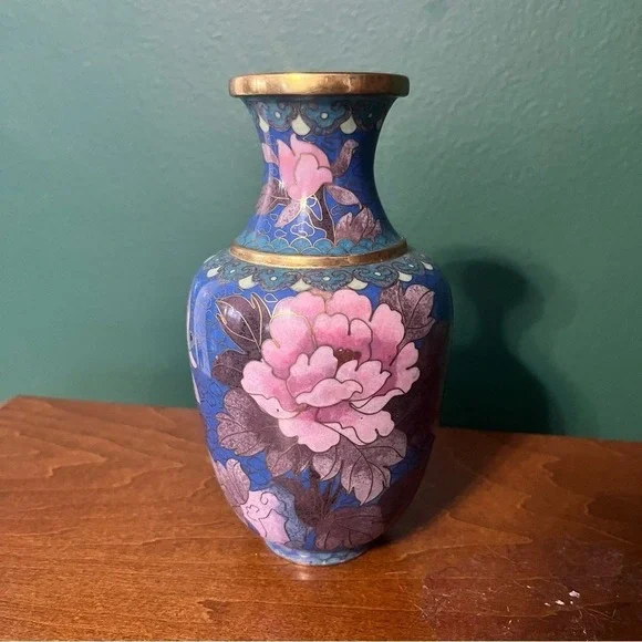Vintage Chinese Cloisonne Bud Vase Blue Pink Gold Enamel Floral Peony Bird 6