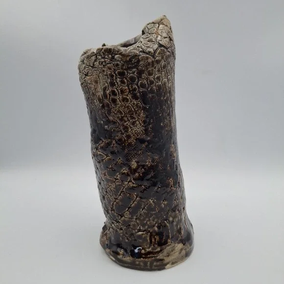 Handcrafted Studio Art Brown Scales Textured Glazed Leaning Pottery‎ 9