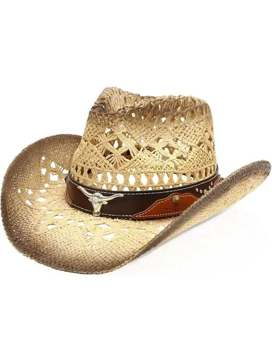 Men's Beige Elastic Closure Straw Wide with Shapeable Brim Western Cowboy Hat