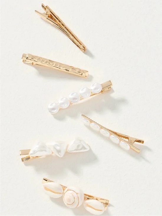Anthropologie Gold and White Pearl Shell Hair Clip Set