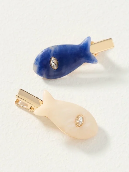 Anthropologie Blue and Cream stone Fish Hair Clips - Set of 4