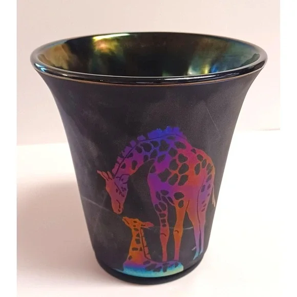 Vintage Fenton Glass OOAK Giraffe Vase Black Green Purple Sand Carved Custom