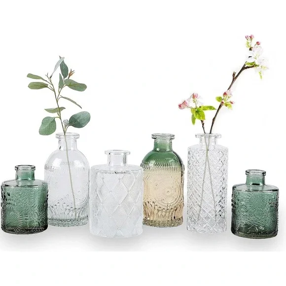 Wildmos Home Decor Assorted Glass Bud Vases Set of 6 Green Amber Clear Textured