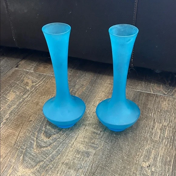 Set of 2 Satin Blue Bud Glass Vases Made in Japan‎ Mid Century Modern
