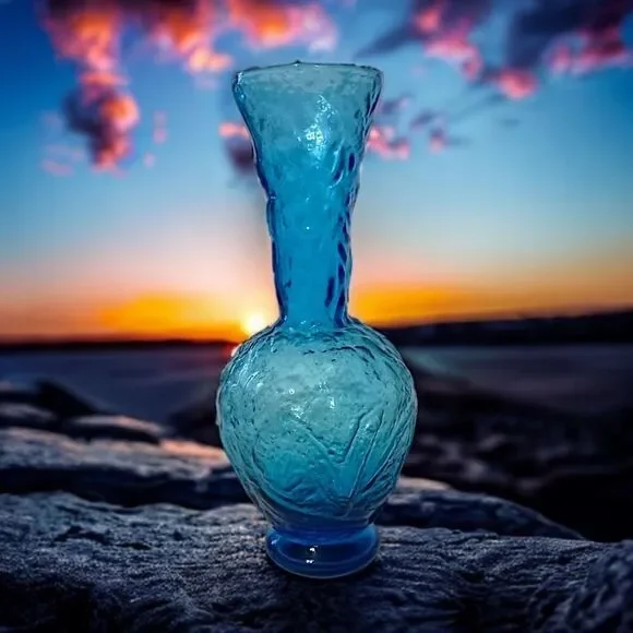 Empoli Glass Embossed Vase‎ Flared Blue Textured Italian Ikebana MCM Abstract
