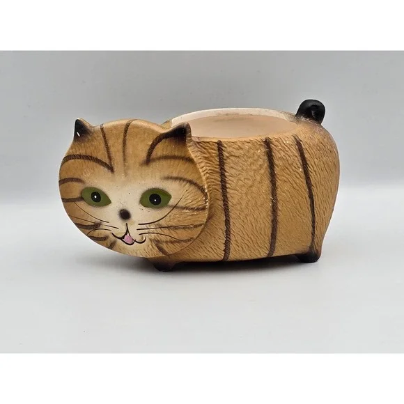Cute Cat Planter Ceramic Brown Tabby Whiskers Green Eyes Tail Pot Home Decor‎