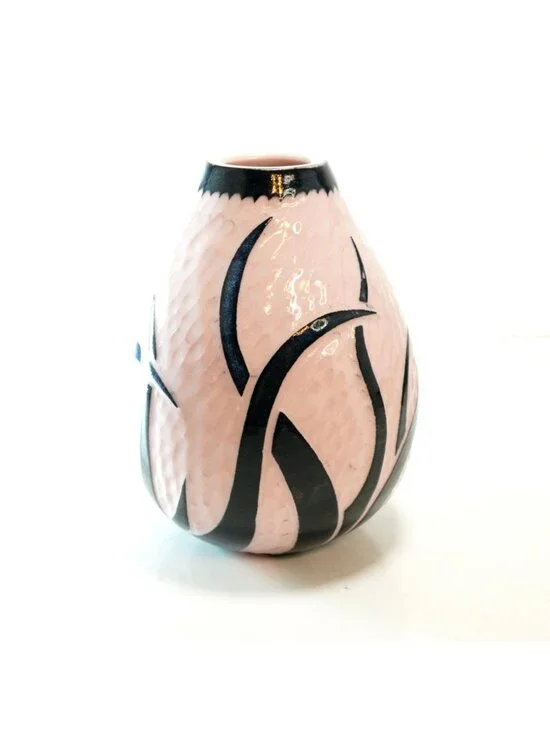 Signed Studio Art Pottery Vase Pink Blue Botanical Seaweed Motif Ceramic 5