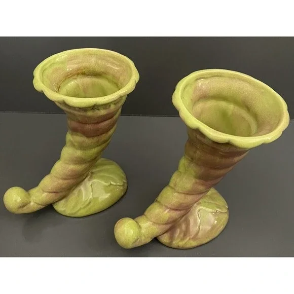 2 Vases West Coast Pottery California 210 Cornucopia Horn‎ Vase Art Deco Vintage