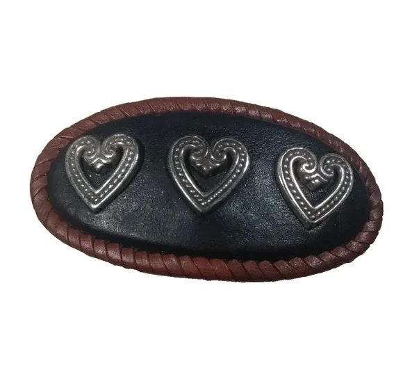 Leather Hair Barrette Tension Clip Brown Black Leather Silver Tone Hearts