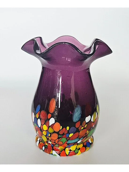 Hand-Blown Purple Glass Vase With Multi-Color Confetti Base 4.5