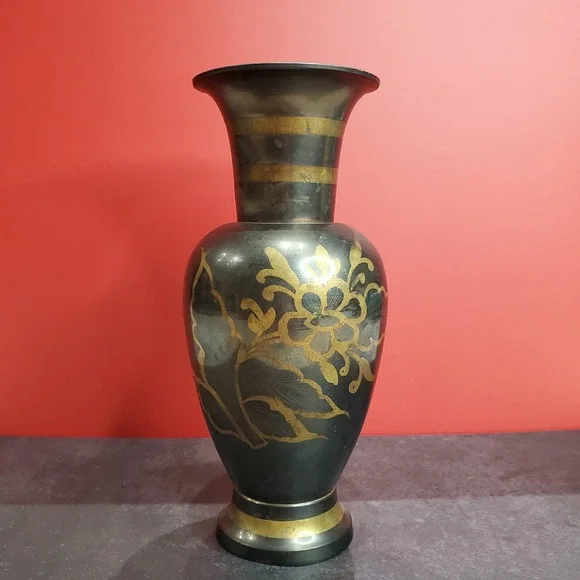 Vintage Hand-Etched‎ Black & Gold Brass Vase Made in India Mid-Century Decor