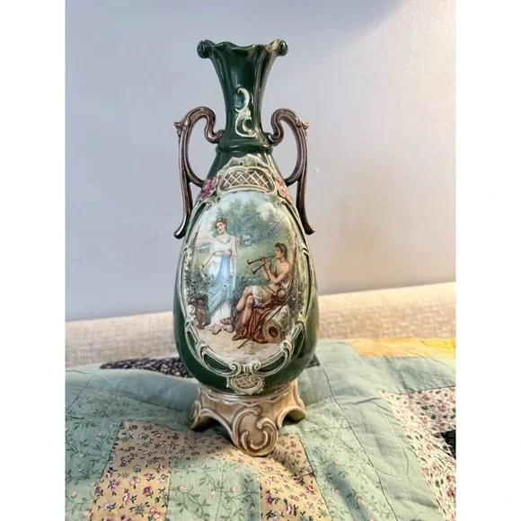Vintage Ornate Ceramic Vase Courting Couple Scene Romantic Chic Rococo Style