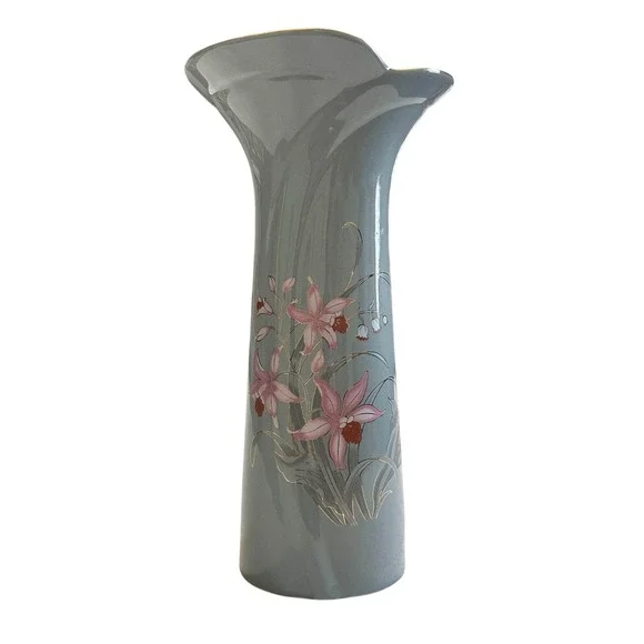 VTG Japanese Bud Vase 11in Gray Floral Fine China Japandi Decor‎ Minimalist