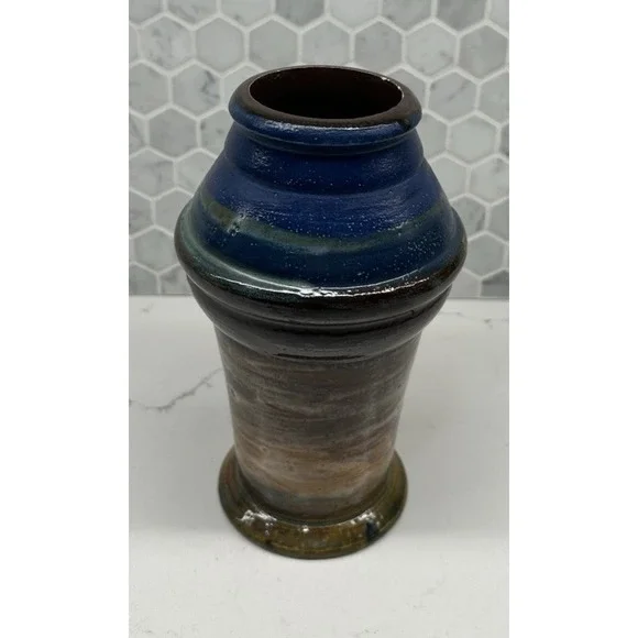 Chalice Shaped Pottery Cup Vase with Brown, Blue Drip Marble Glaze Signed KK '05