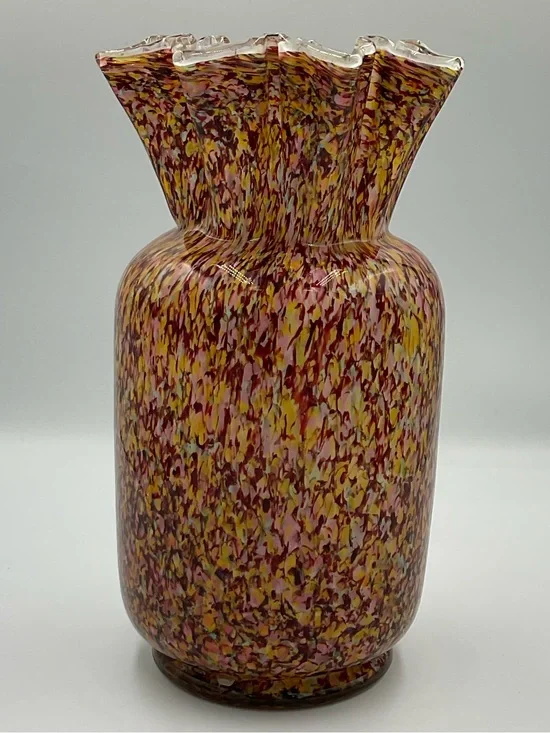 Hand-blown Art Glass Vase - Pink, Yellow Confetti Ruffled Top