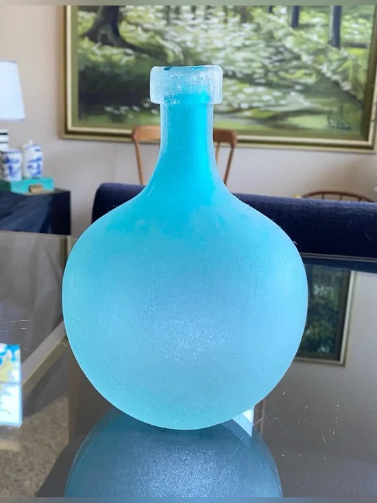 West Elm Frosted Seaglass Aqua Turquoise Bottle Waterscape Vase *retired 7”
