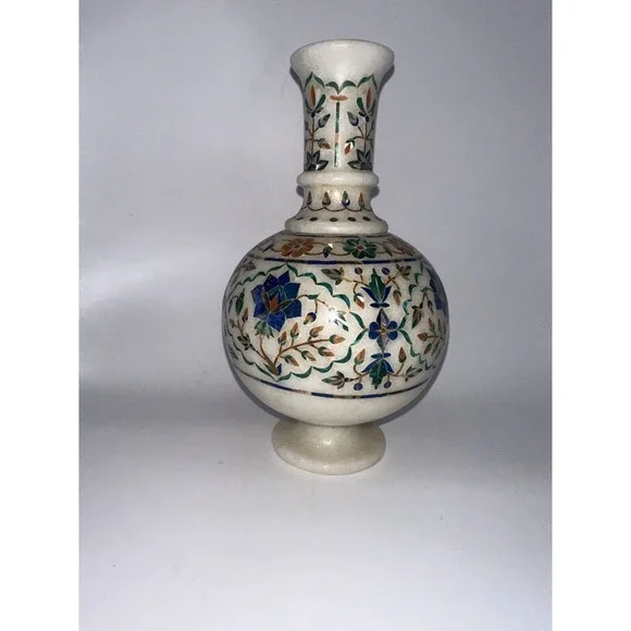 Vintage White Marble Pietra Dura Inlay Floral Vase Handcrafted Stone Art 2-Piece