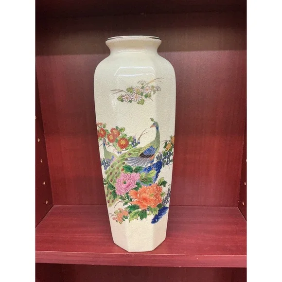 Vintage Japanese Porcelain Vase Peacock Floral‎ Design Octagonal Cream Gold Trim