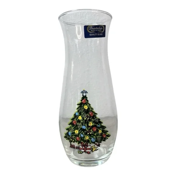 Vintage 1987 Pasabahce Christmas Bouquet Vase w Christmas Tree Made in Turkey