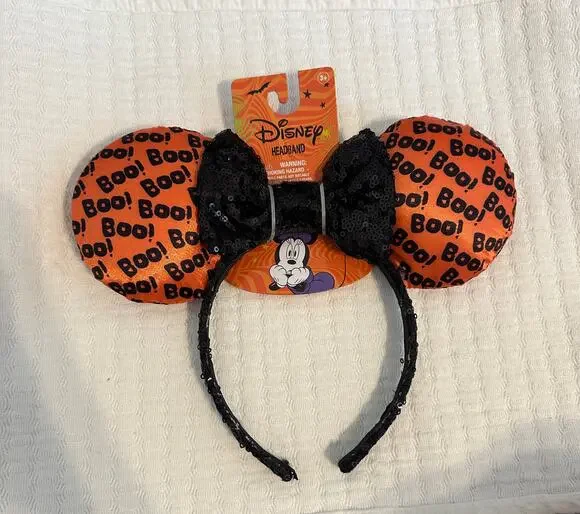 NWT Disney Minnie Mouse Boo! Halloween Orange Black Sequin Glow-in-the-Dark Ears