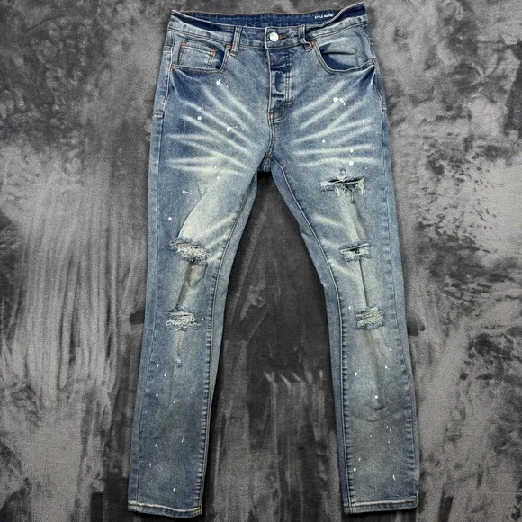 Purple Brand P001 Skinny Jeans Mens 32 Blue Good Distressed Paint Splatter