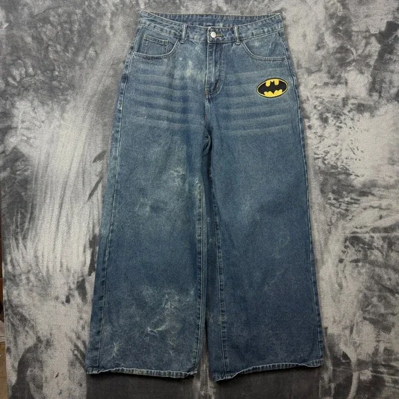 Batman Wide Leg Jeans Mens 34 Blue Good Acid Wash Embroidered Spellout Graphic