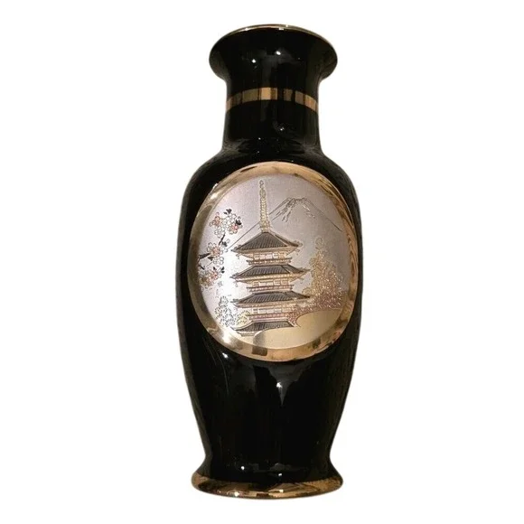 Art of Chokin 24K Gold Edged‎ Japanese Black Vase Pagoda Mount Fuji C1
