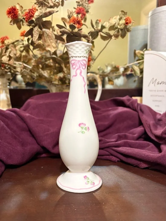 Lenox Petite Suite White Bone China Bud Vase with Pink Ribbon and Floral Accents