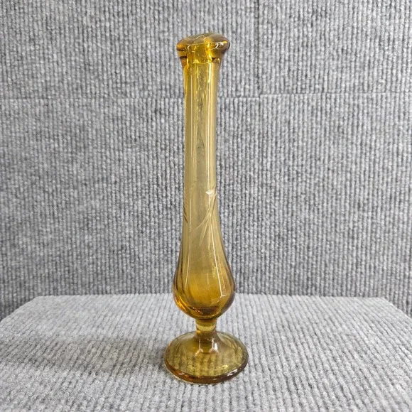 Amber Etched Floral Glass‎ Bud Vase 7.25