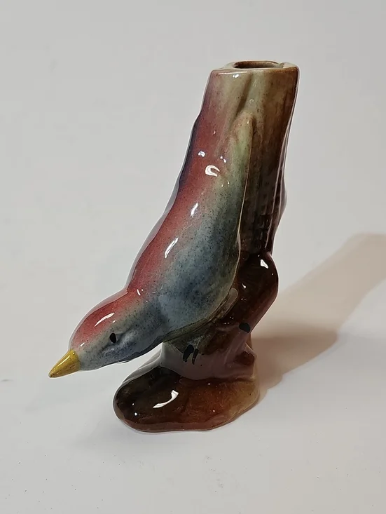 Vintage Ceramic Blue + Pink Nuthatch Bird Figural Bud Vase
