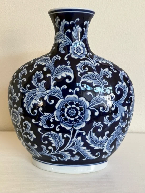 Blue Chinoiserie Flower Flat Ceramic Vase 12”