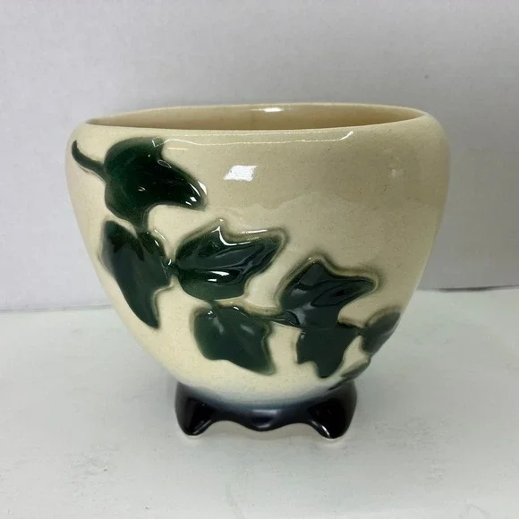 Vintage McCoy Pottery Green Ivy Leaf Planter Cream Footed Oval Pot 4.75 Inch